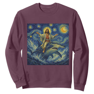Funny Christian Jesus Riding Hammerhead Shark Sweatshirt Starry Night Inspired Art TS12 Maroon Print Your Wear