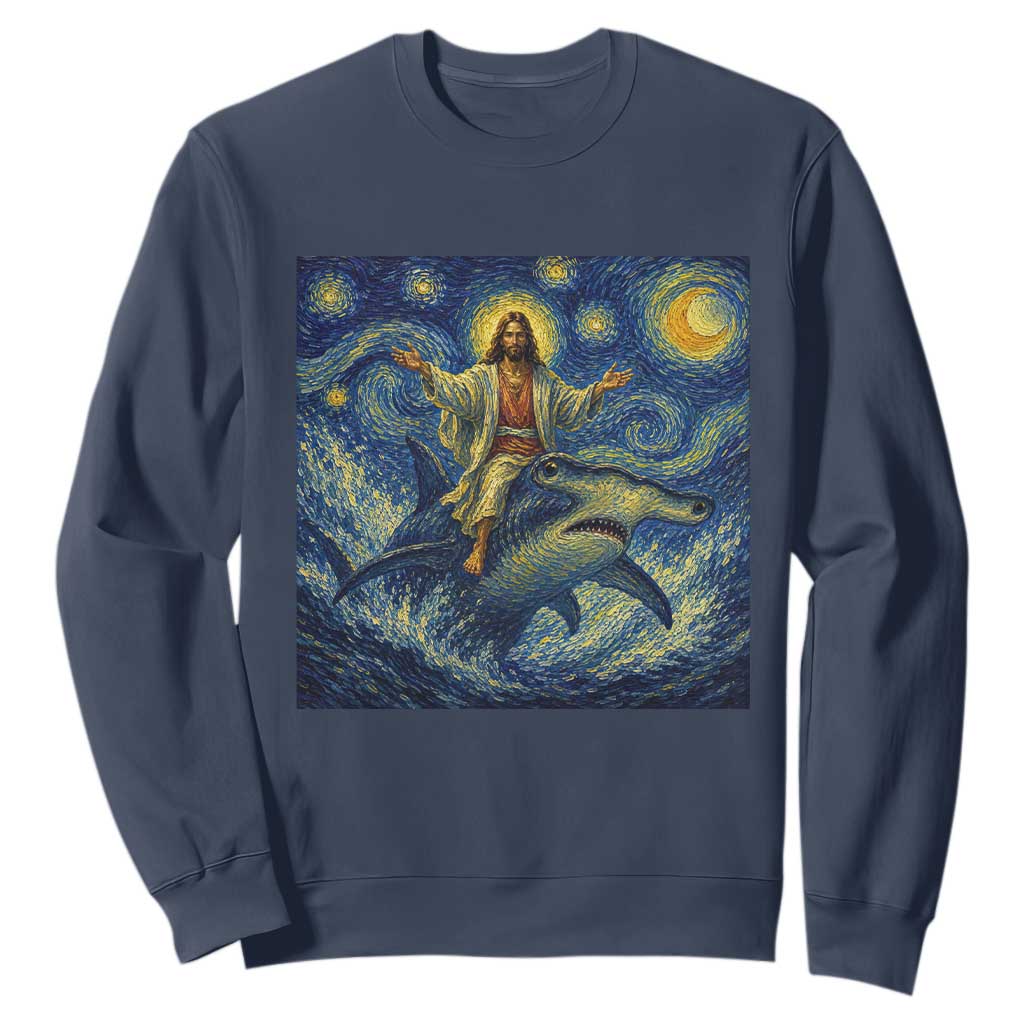 Funny Christian Jesus Riding Hammerhead Shark Sweatshirt Starry Night Inspired Art TS12 Navy Print Your Wear