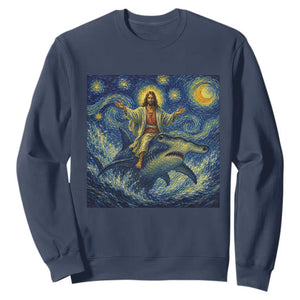 Funny Christian Jesus Riding Hammerhead Shark Sweatshirt Starry Night Inspired Art TS12 Navy Print Your Wear