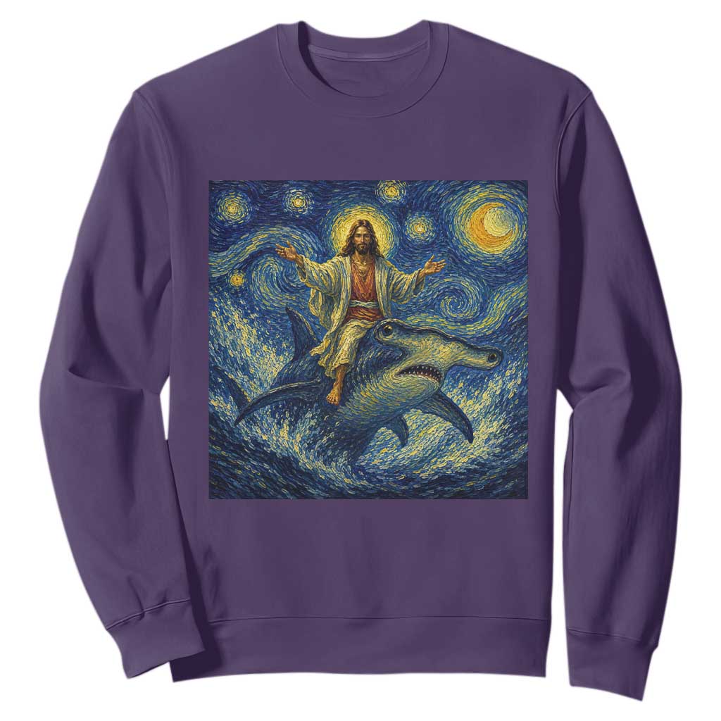 Funny Christian Jesus Riding Hammerhead Shark Sweatshirt Starry Night Inspired Art TS12 Purple Print Your Wear