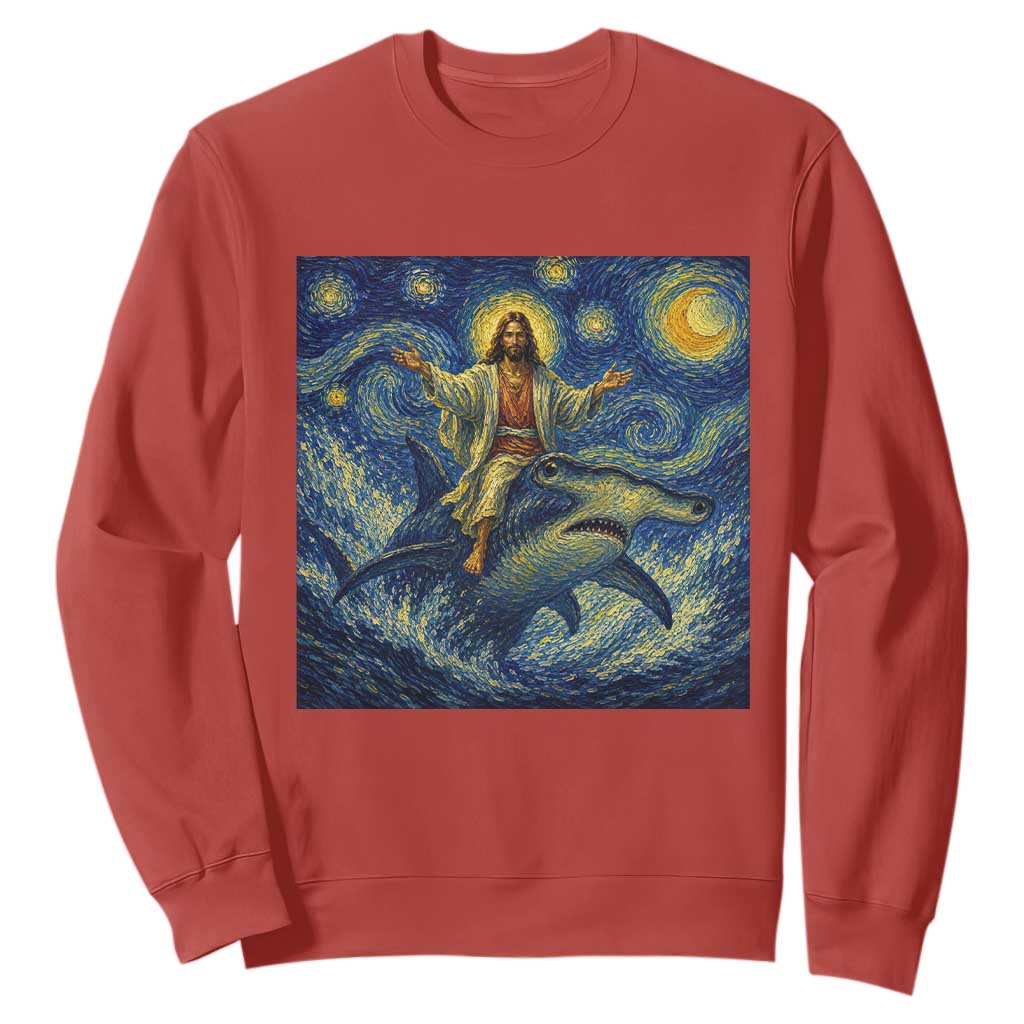 Funny Christian Jesus Riding Hammerhead Shark Sweatshirt Starry Night Inspired Art TS12 Red Print Your Wear