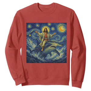 Funny Christian Jesus Riding Hammerhead Shark Sweatshirt Starry Night Inspired Art TS12 Red Print Your Wear