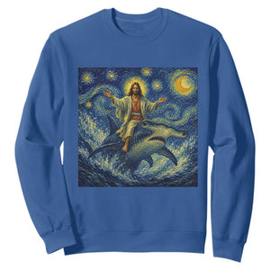 Funny Christian Jesus Riding Hammerhead Shark Sweatshirt Starry Night Inspired Art TS12 Royal Blue Print Your Wear