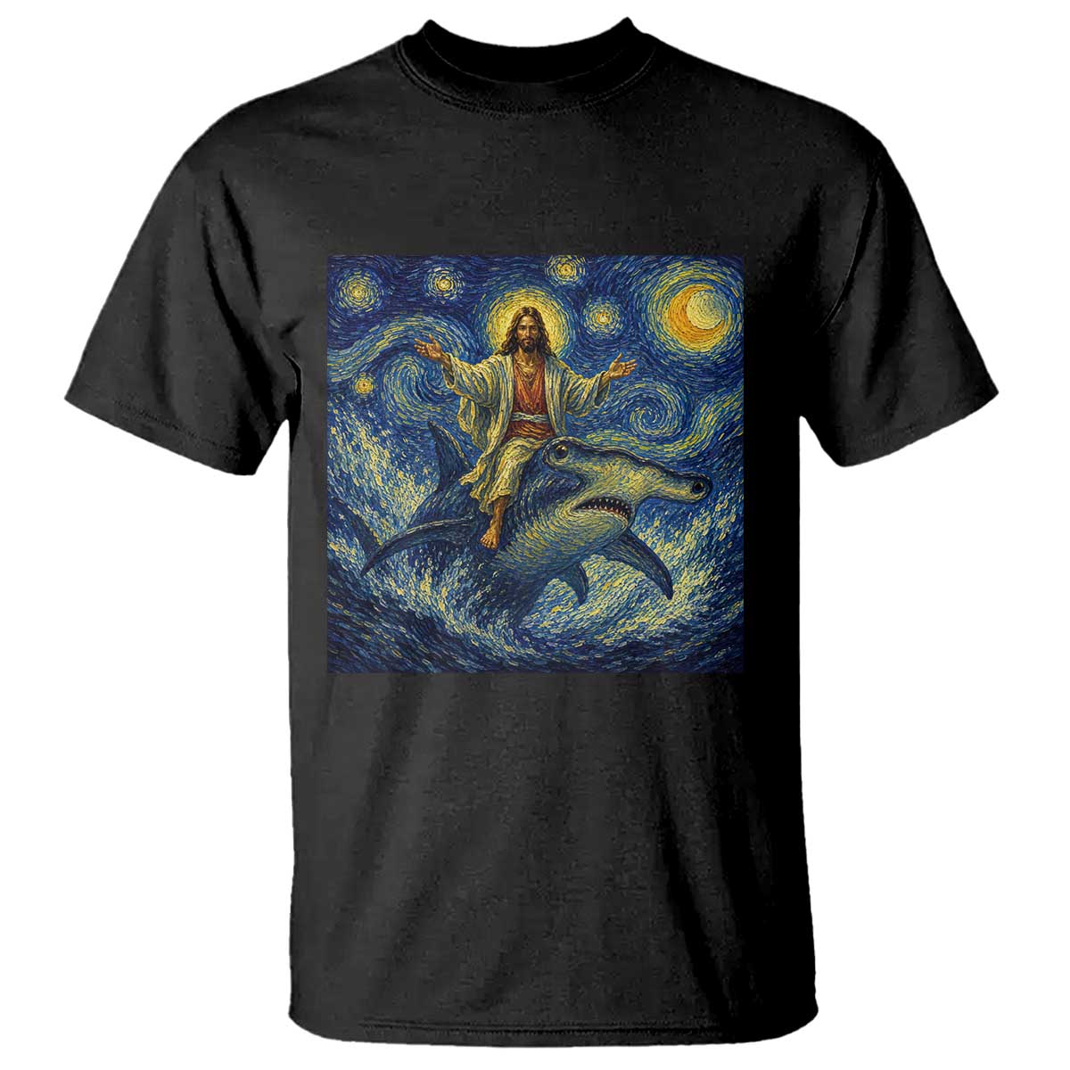 Funny Christian Jesus Riding Hammerhead Shark T Shirt Starry Night Inspired Art TS12 Black Print Your Wear