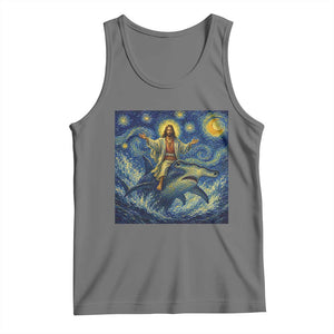 Funny Christian Jesus Riding Hammerhead Shark Tank Top Starry Night Inspired Art TS12 Black Heather Print Your Wear