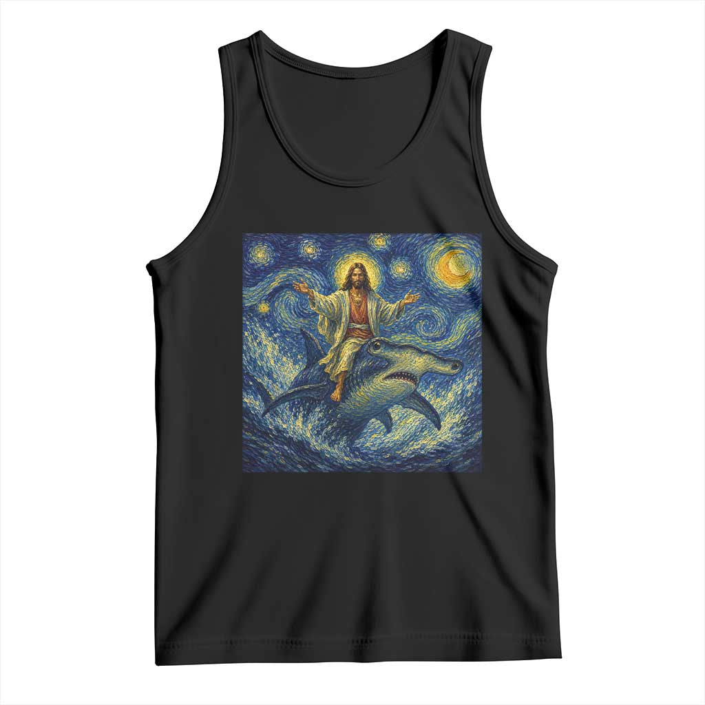Funny Christian Jesus Riding Hammerhead Shark Tank Top Starry Night Inspired Art TS12 Black Print Your Wear