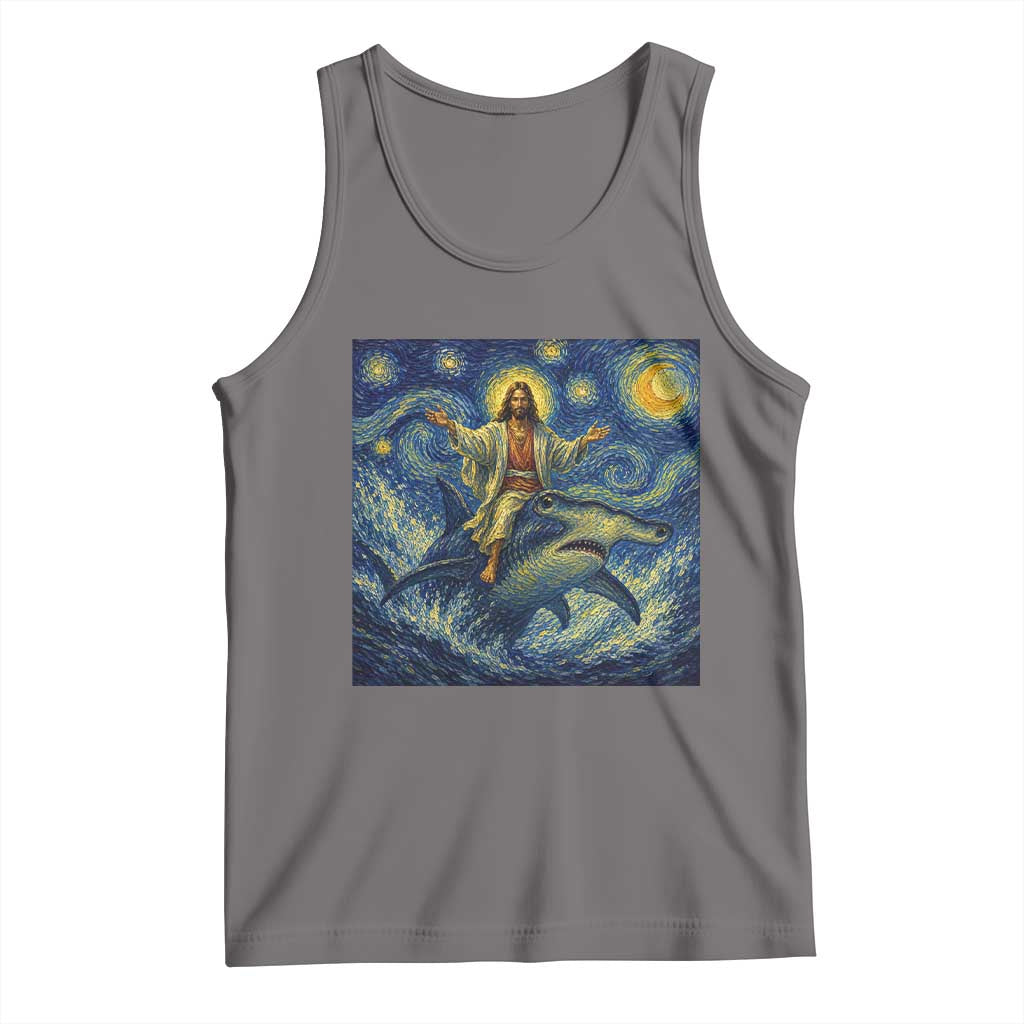 Funny Christian Jesus Riding Hammerhead Shark Tank Top Starry Night Inspired Art TS12 Deep Heather Print Your Wear