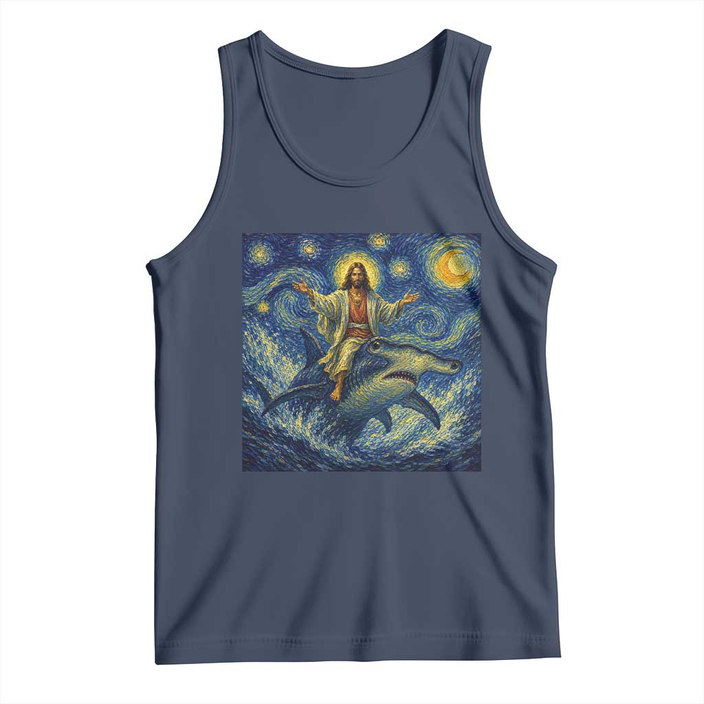 Funny Christian Jesus Riding Hammerhead Shark Tank Top Starry Night Inspired Art TS12 Navy Print Your Wear