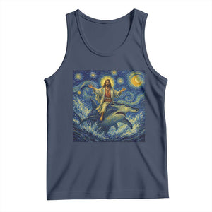 Funny Christian Jesus Riding Hammerhead Shark Tank Top Starry Night Inspired Art TS12 Navy Print Your Wear