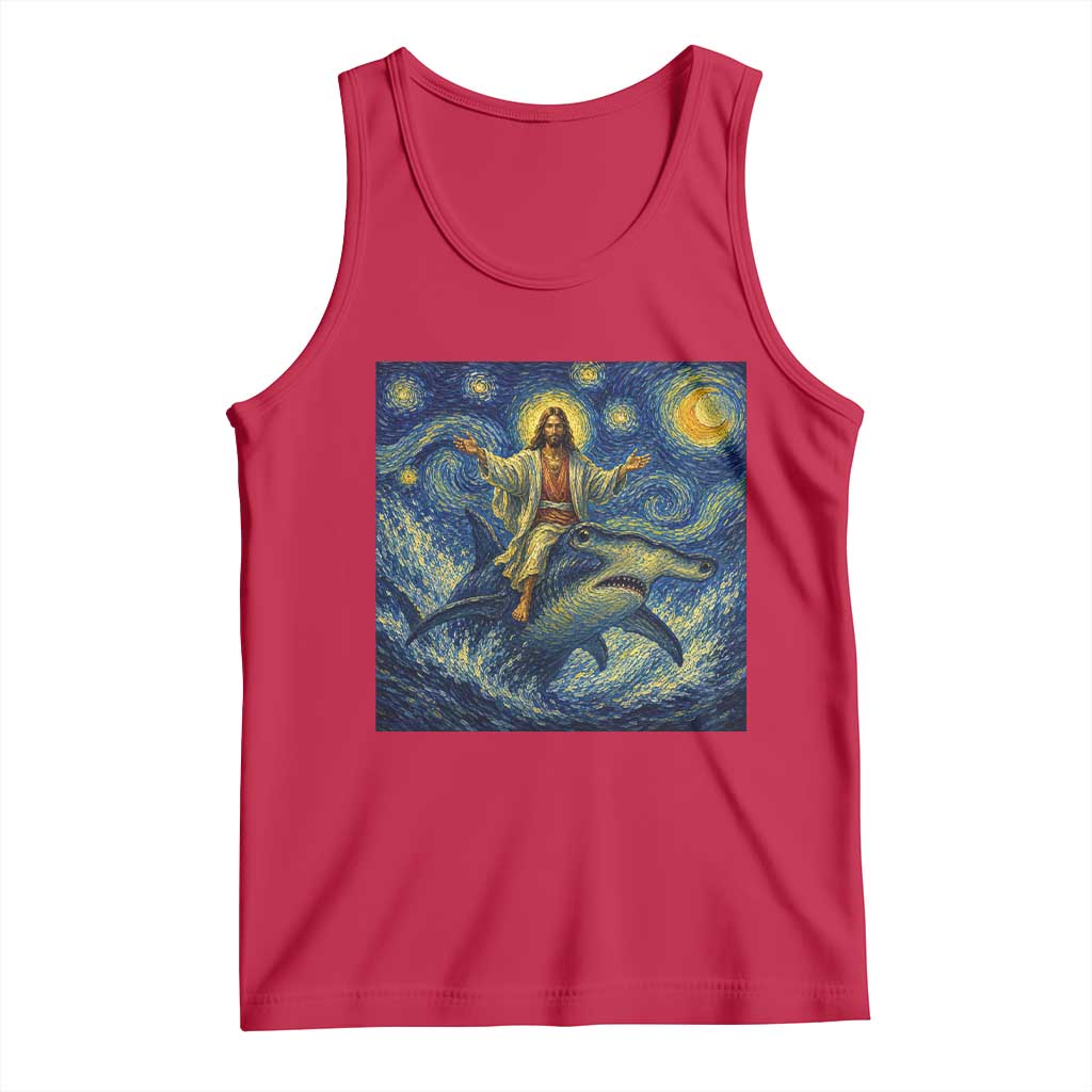 Funny Christian Jesus Riding Hammerhead Shark Tank Top Starry Night Inspired Art TS12 Red Print Your Wear