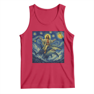 Funny Christian Jesus Riding Hammerhead Shark Tank Top Starry Night Inspired Art TS12 Red Print Your Wear
