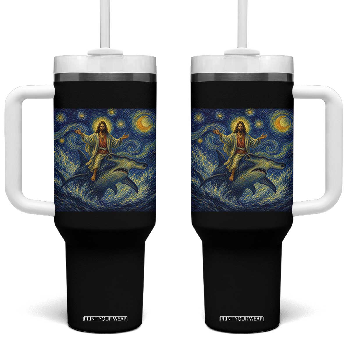 Funny Christian Jesus Riding Hammerhead Shark Tumbler With Handle Starry Night Inspired Art TS12 One Size: 40 oz Black Print Your Wear