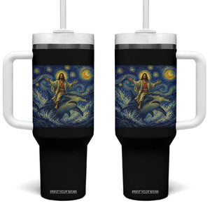 Funny Christian Jesus Riding Hammerhead Shark Tumbler With Handle Starry Night Inspired Art TS12 One Size: 40 oz Black Print Your Wear
