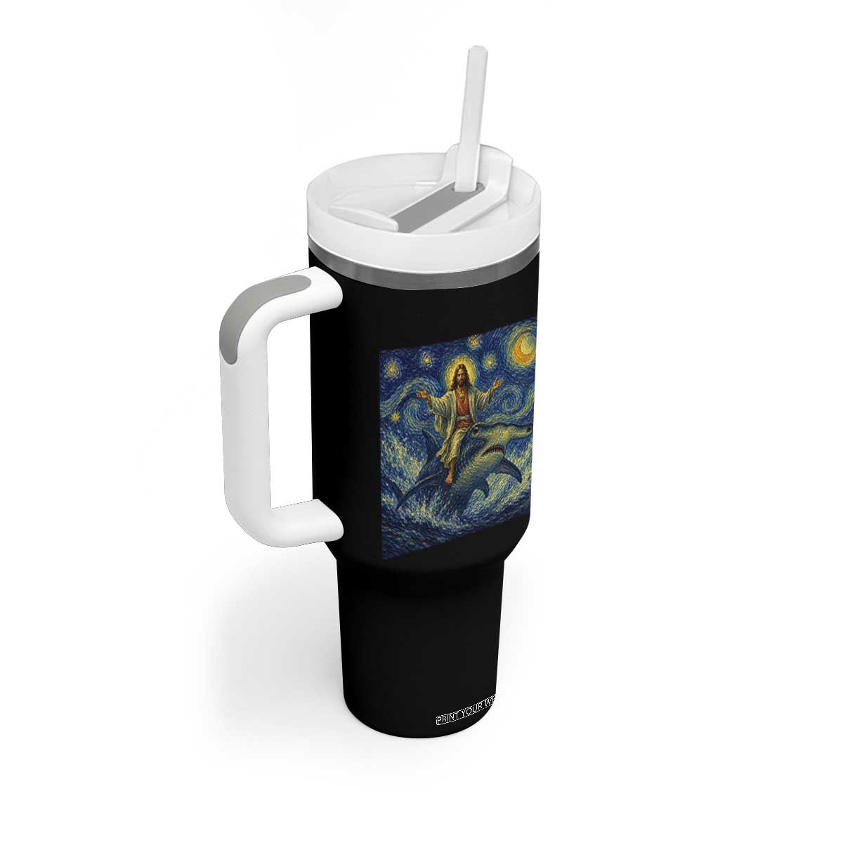 Funny Christian Jesus Riding Hammerhead Shark Tumbler With Handle Starry Night Inspired Art TS12 Print Your Wear
