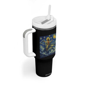 Funny Christian Jesus Riding Hammerhead Shark Tumbler With Handle Starry Night Inspired Art TS12 Print Your Wear