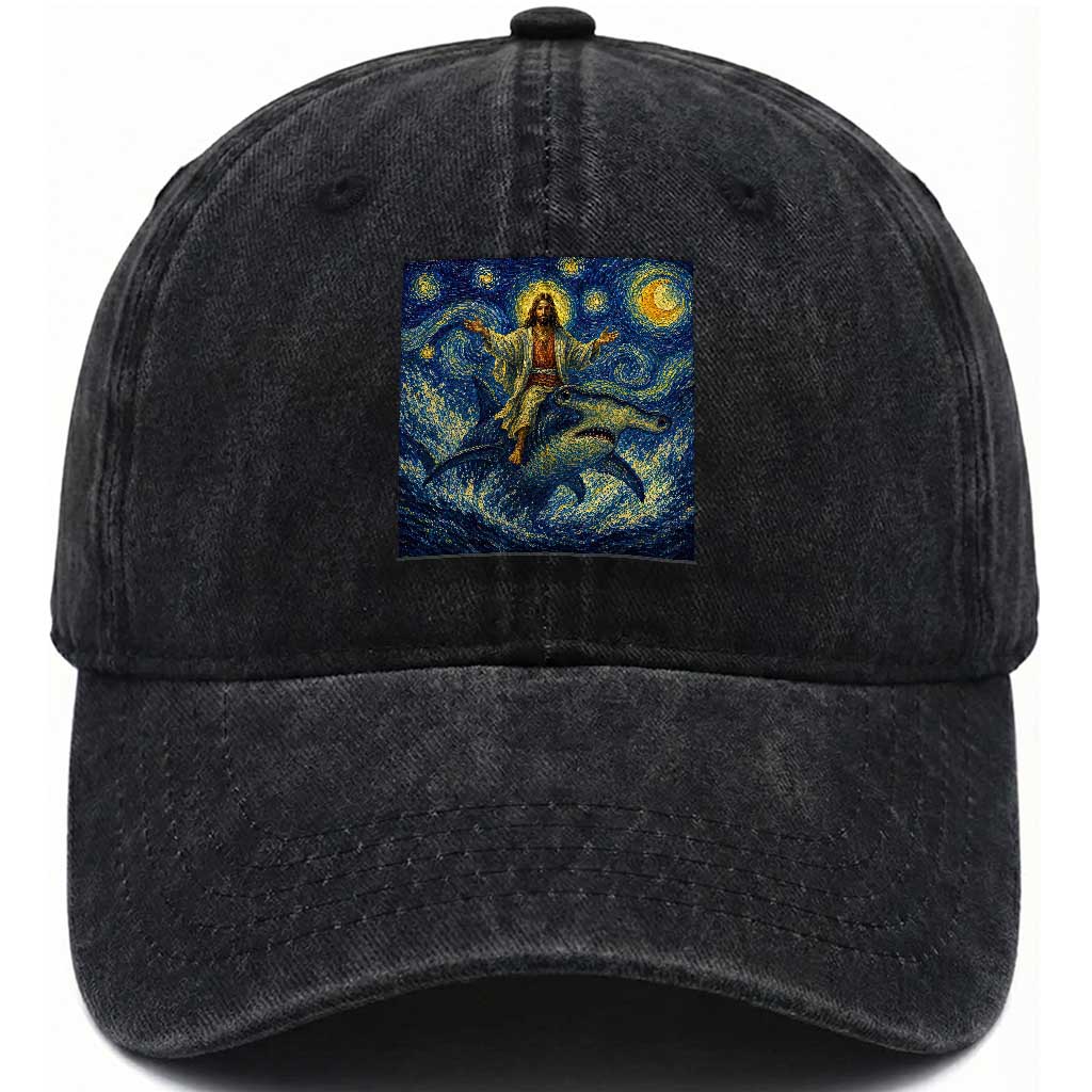 Funny Christian Jesus Riding Hammerhead Shark Washed Cotton Baseball Cap Starry Night Inspired Art TS12 Print Your Wear