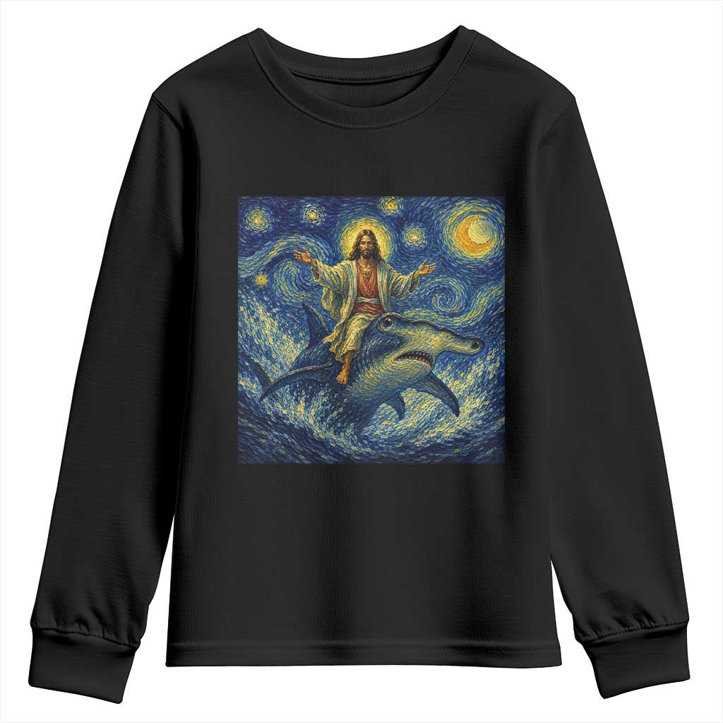 Funny Christian Jesus Riding Hammerhead Shark Youth Sweatshirt Starry Night Inspired Art TS12 Black Print Your Wear