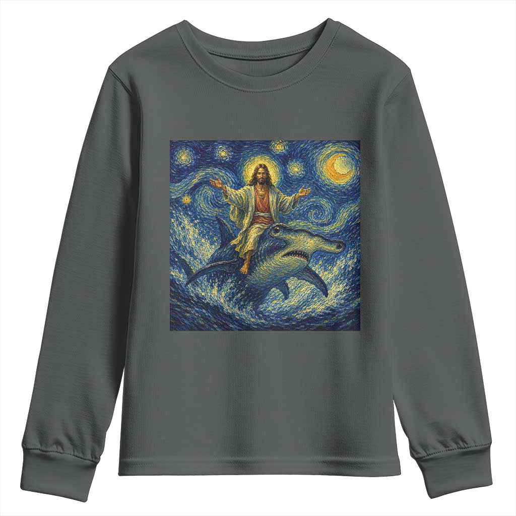 Funny Christian Jesus Riding Hammerhead Shark Youth Sweatshirt Starry Night Inspired Art TS12 Dark Heather Print Your Wear