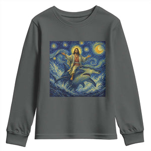 Funny Christian Jesus Riding Hammerhead Shark Youth Sweatshirt Starry Night Inspired Art TS12 Dark Heather Print Your Wear