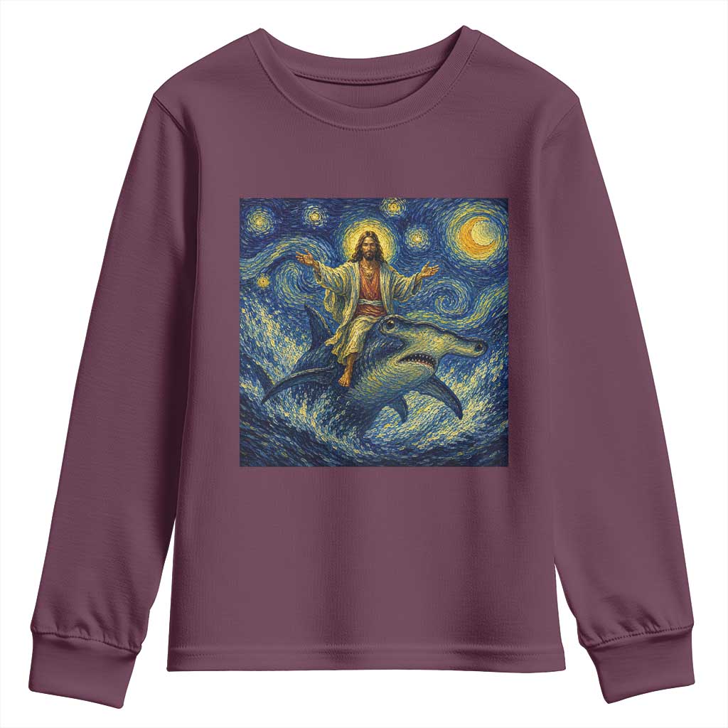 Funny Christian Jesus Riding Hammerhead Shark Youth Sweatshirt Starry Night Inspired Art TS12 Maroon Print Your Wear