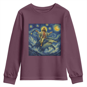Funny Christian Jesus Riding Hammerhead Shark Youth Sweatshirt Starry Night Inspired Art TS12 Maroon Print Your Wear