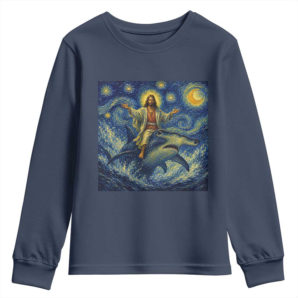 Funny Christian Jesus Riding Hammerhead Shark Youth Sweatshirt Starry Night Inspired Art TS12 Navy Print Your Wear