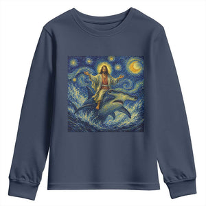 Funny Christian Jesus Riding Hammerhead Shark Youth Sweatshirt Starry Night Inspired Art TS12 Navy Print Your Wear