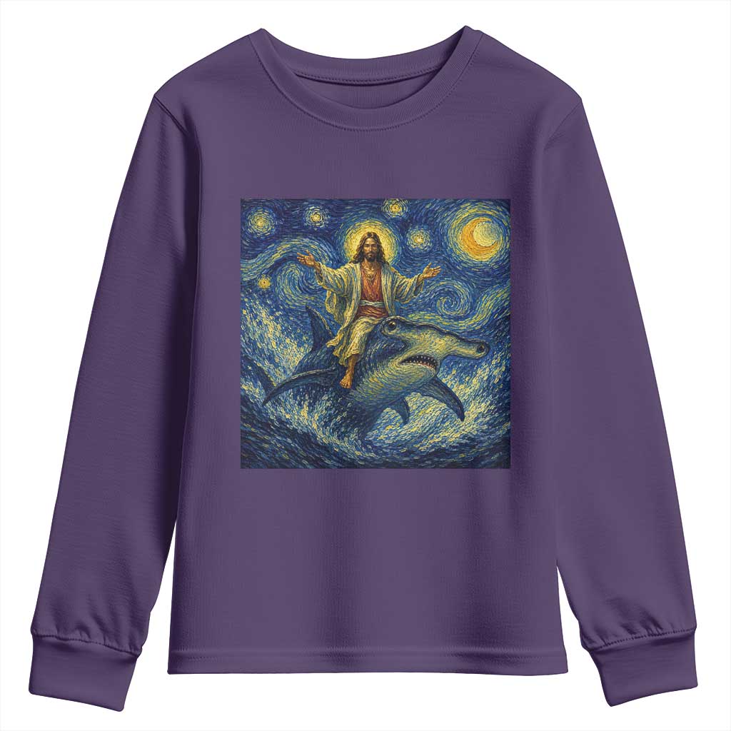 Funny Christian Jesus Riding Hammerhead Shark Youth Sweatshirt Starry Night Inspired Art TS12 Purple Print Your Wear