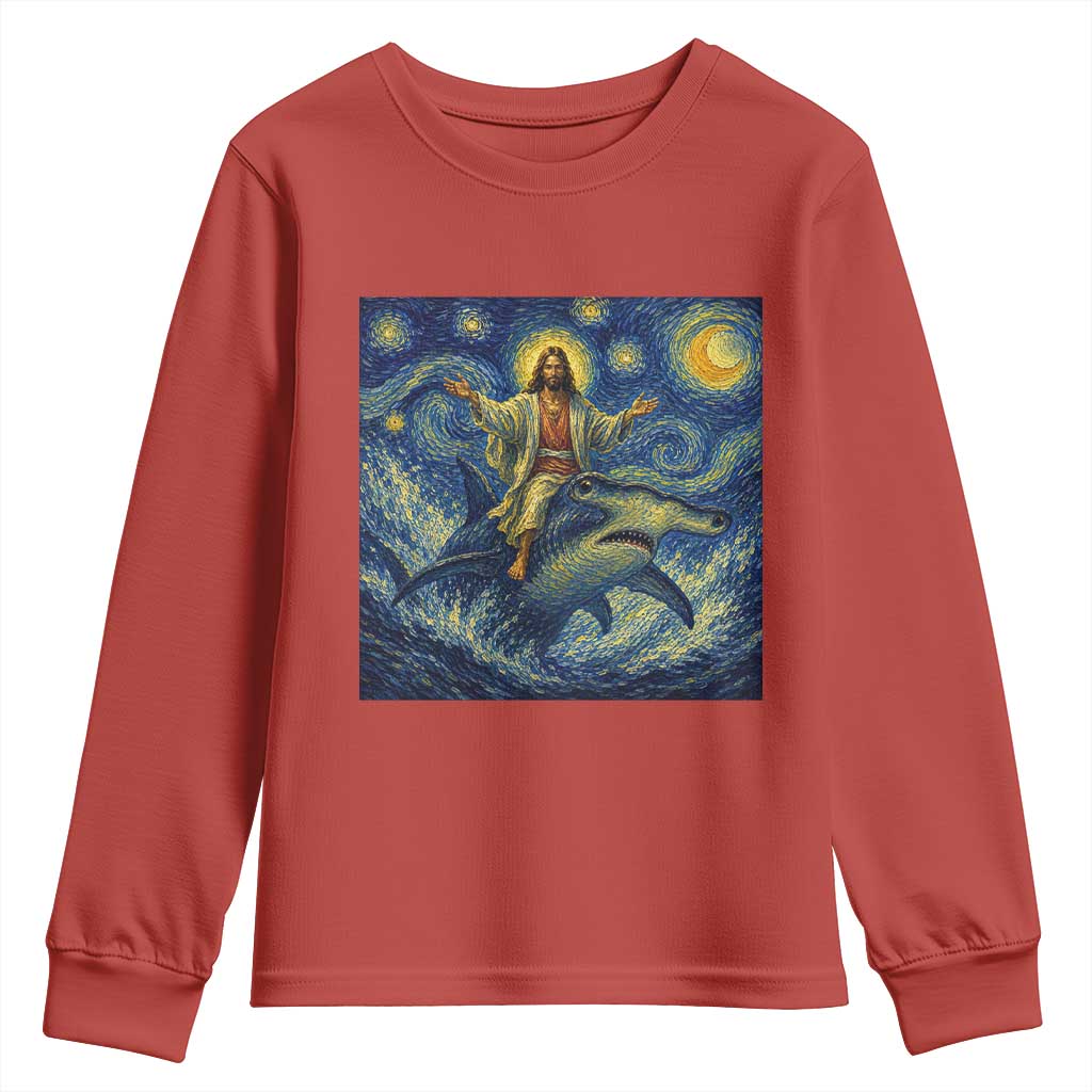 Funny Christian Jesus Riding Hammerhead Shark Youth Sweatshirt Starry Night Inspired Art TS12 Red Print Your Wear