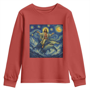 Funny Christian Jesus Riding Hammerhead Shark Youth Sweatshirt Starry Night Inspired Art TS12 Red Print Your Wear