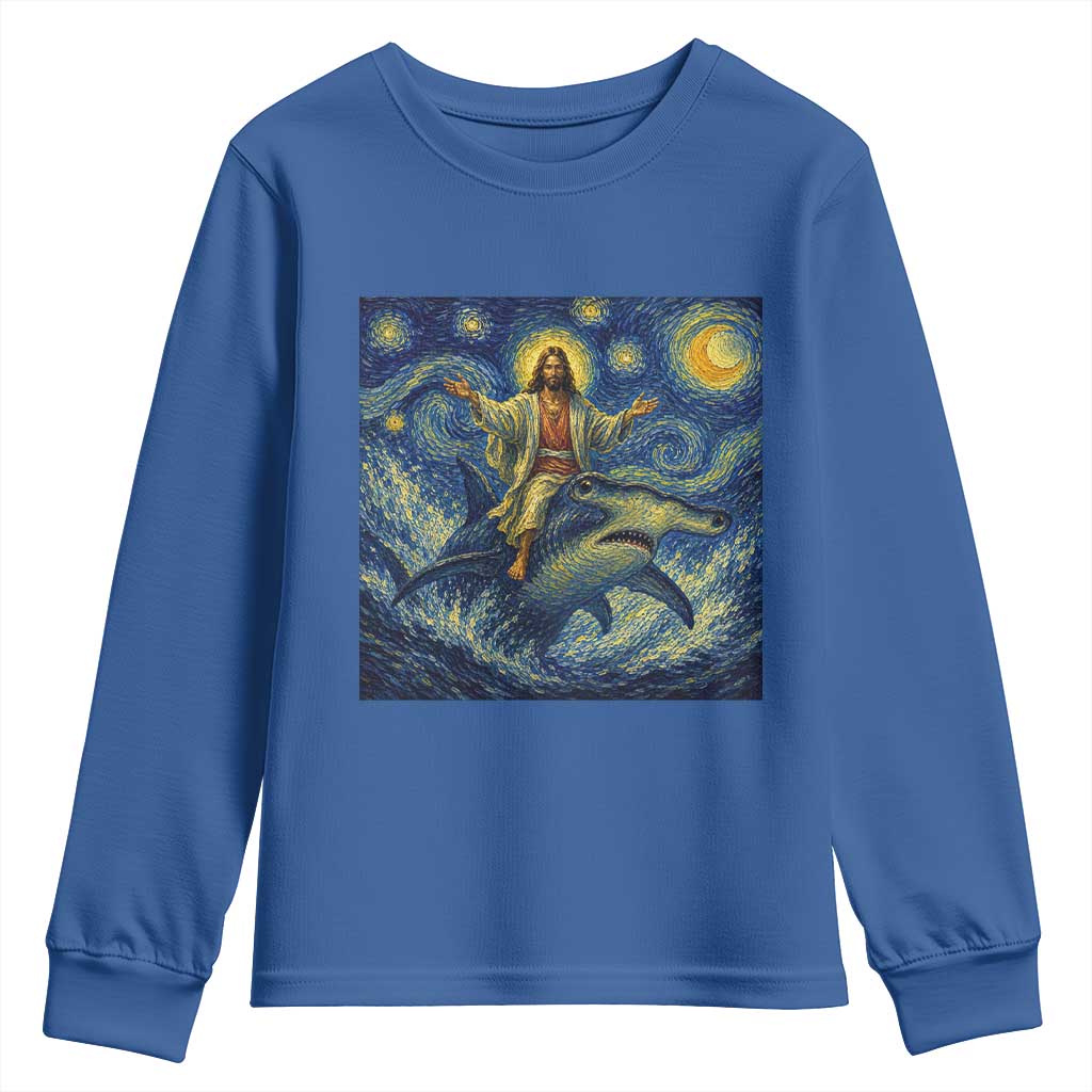 Funny Christian Jesus Riding Hammerhead Shark Youth Sweatshirt Starry Night Inspired Art TS12 Royal Blue Print Your Wear