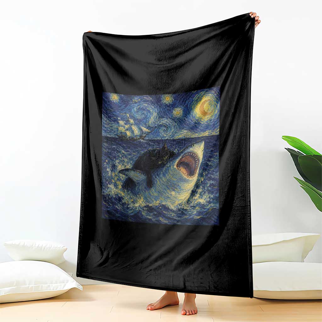 Funny Cat Biting Shark Starry Night Inspired Art Throw Blanket TS12 Print Your Wear