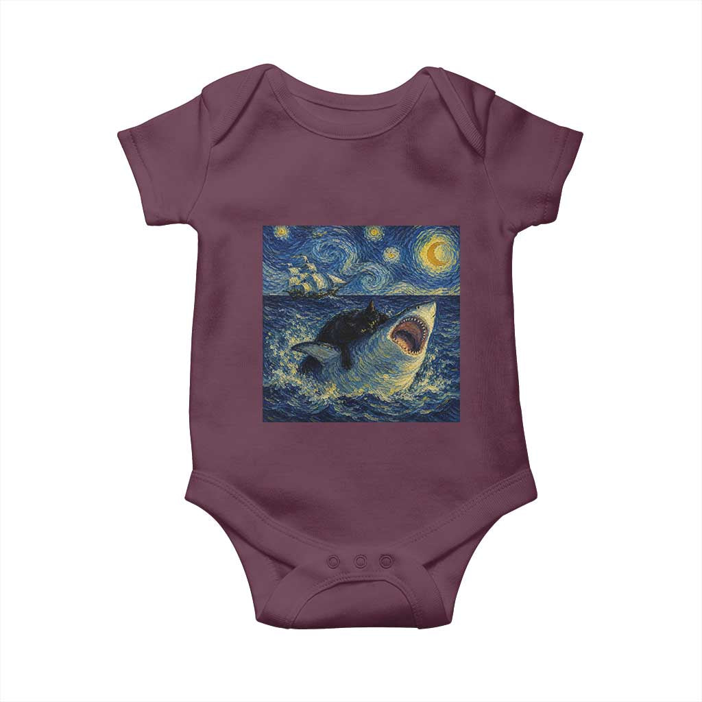 Funny Cat Biting Shark Starry Night Inspired Art Baby Onesie TS12 Maroon Print Your Wear