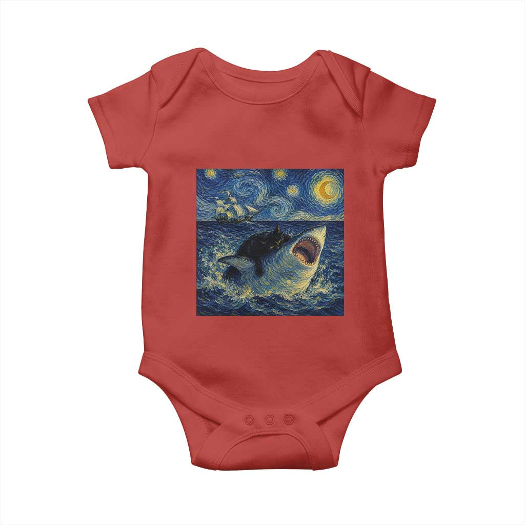 Funny Cat Biting Shark Starry Night Inspired Art Baby Onesie TS12 Red Print Your Wear