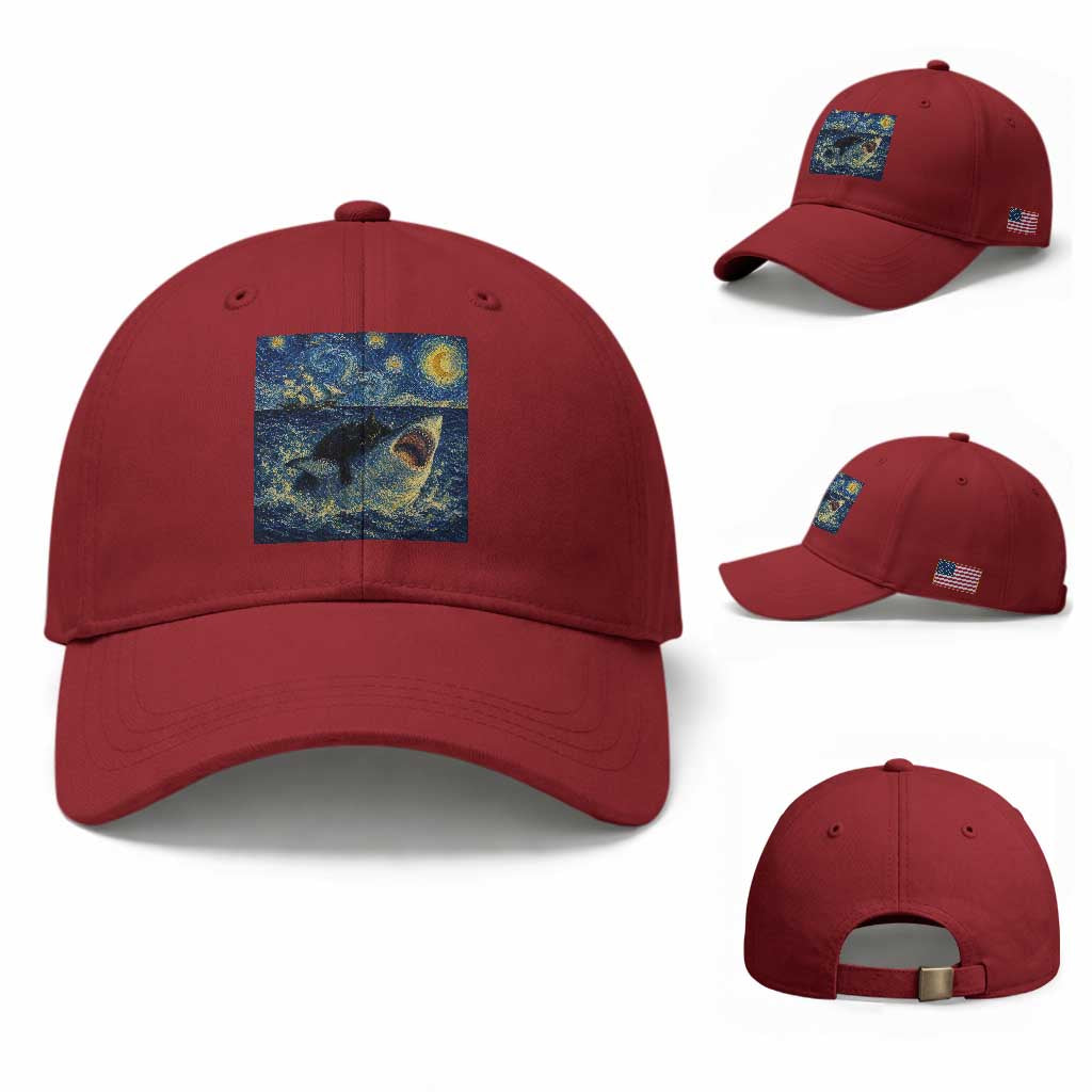 Funny Cat Biting Shark Starry Night Inspired Art Baseball Cap TS12 Baseball Cap Universal Fit Cherry Red Print Your Wear