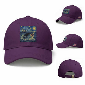 Funny Cat Biting Shark Starry Night Inspired Art Baseball Cap TS12 Baseball Cap Universal Fit Purple Print Your Wear