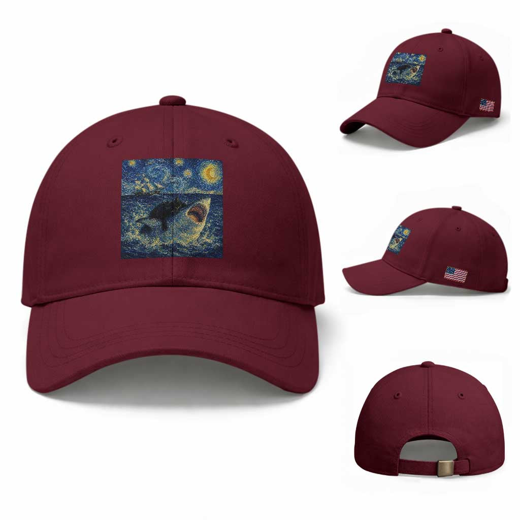 Funny Cat Biting Shark Starry Night Inspired Art Baseball Cap TS12 Baseball Cap Universal Fit Maroon Print Your Wear