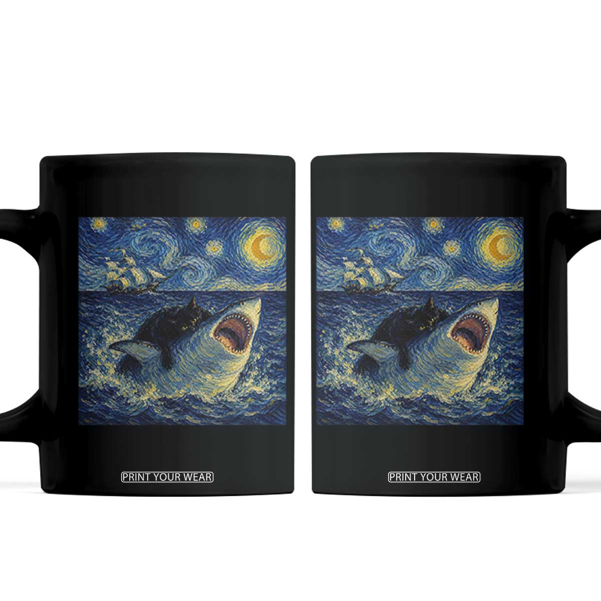 Funny Cat Biting Shark Starry Night Inspired Art Coffee Mug TS12 Black Print Your Wear