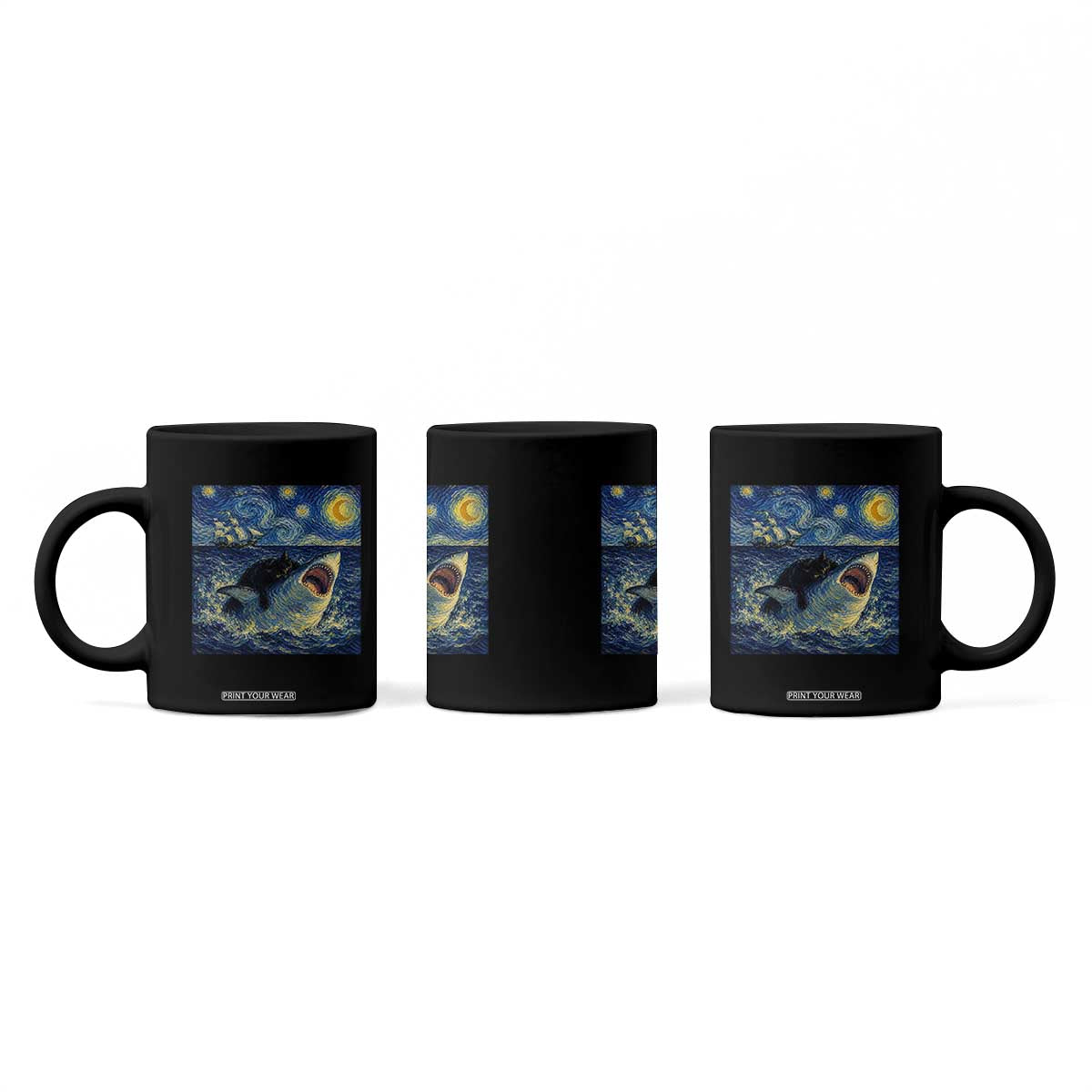 Funny Cat Biting Shark Starry Night Inspired Art Coffee Mug TS12 Print Your Wear