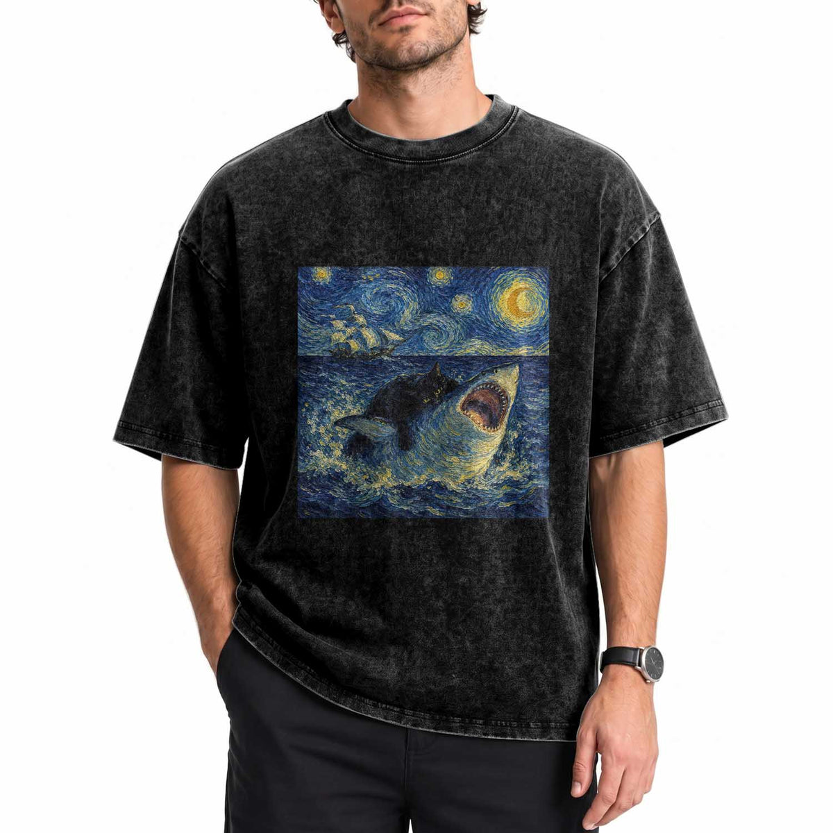 Funny Cat Biting Shark Starry Night Inspired Art Washed Cotton T-Shirt