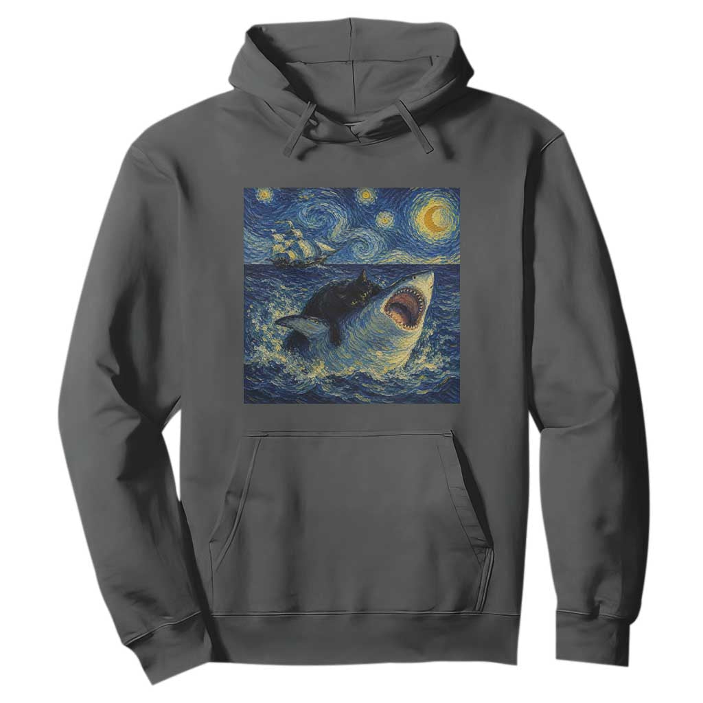 Funny Cat Biting Shark Starry Night Inspired Art Hoodie TS12 Dark Heather Print Your Wear