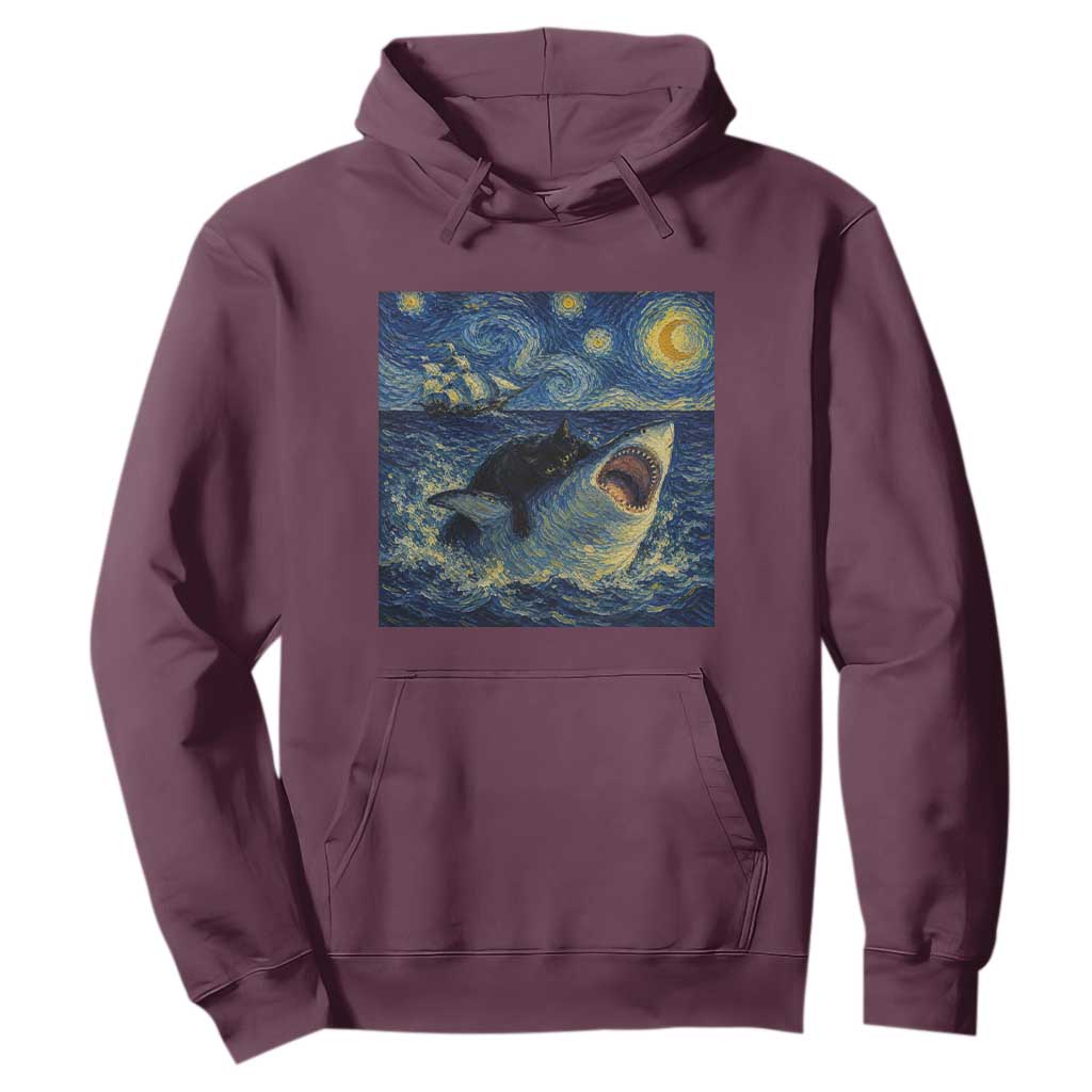 Funny Cat Biting Shark Starry Night Inspired Art Hoodie TS12 Maroon Print Your Wear