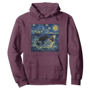 Funny Cat Biting Shark Starry Night Inspired Art Hoodie TS12 Maroon Print Your Wear
