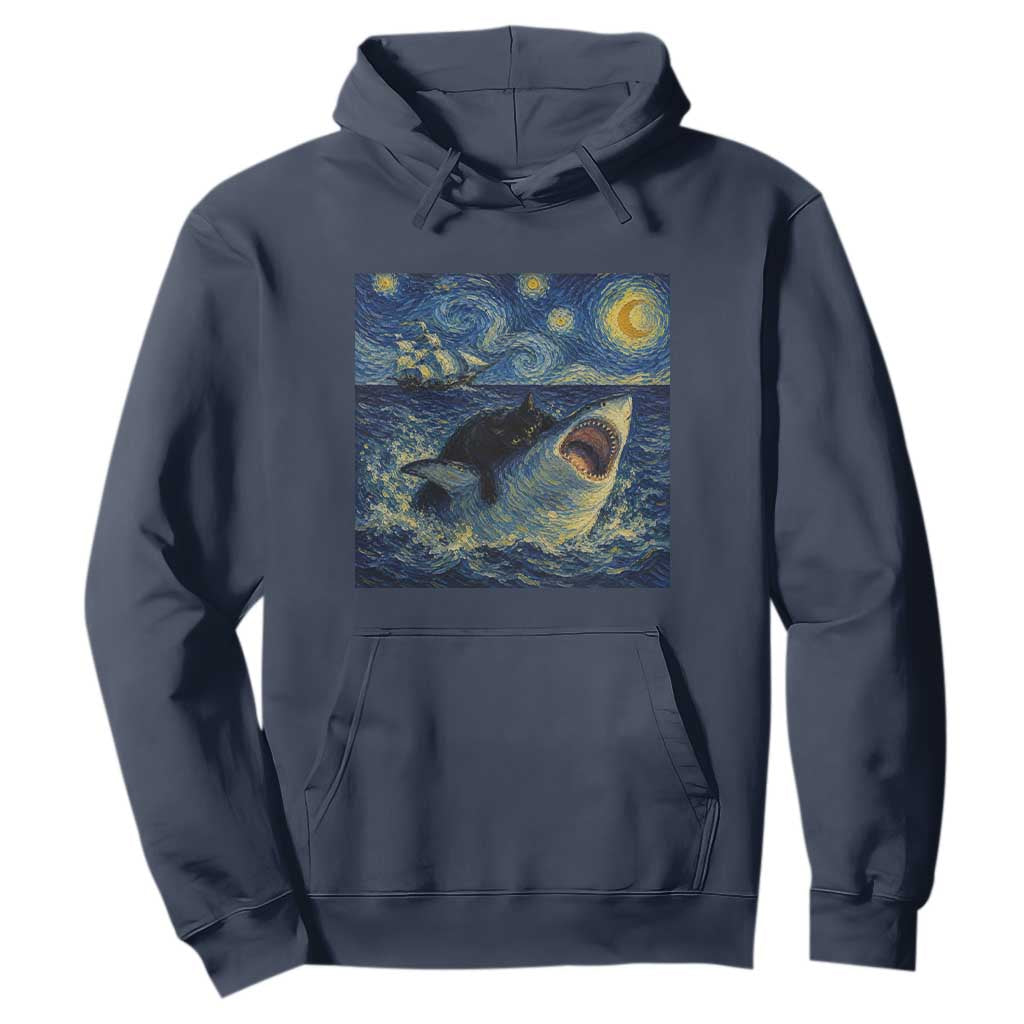 Funny Cat Biting Shark Starry Night Inspired Art Hoodie TS12 Navy Print Your Wear