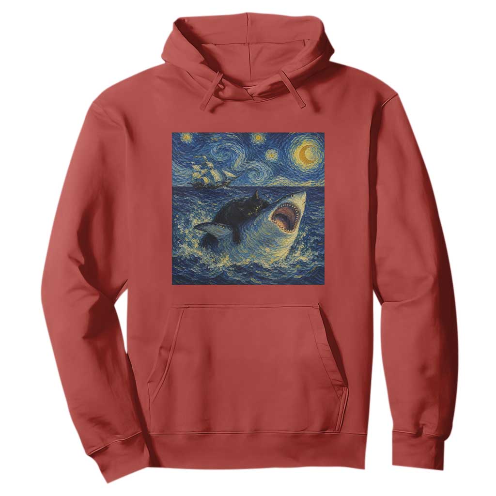 Funny Cat Biting Shark Starry Night Inspired Art Hoodie TS12 Red Print Your Wear