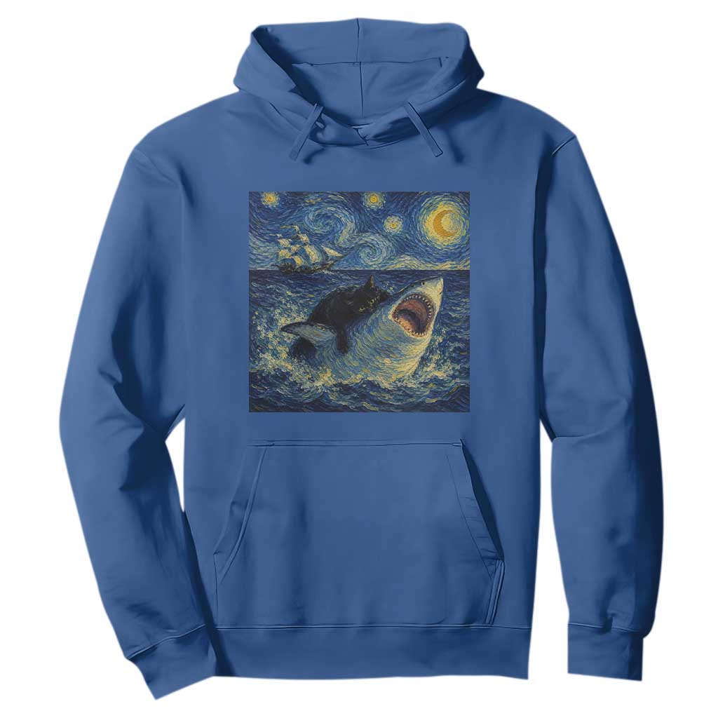 Funny Cat Biting Shark Starry Night Inspired Art Hoodie TS12 Royal Blue Print Your Wear