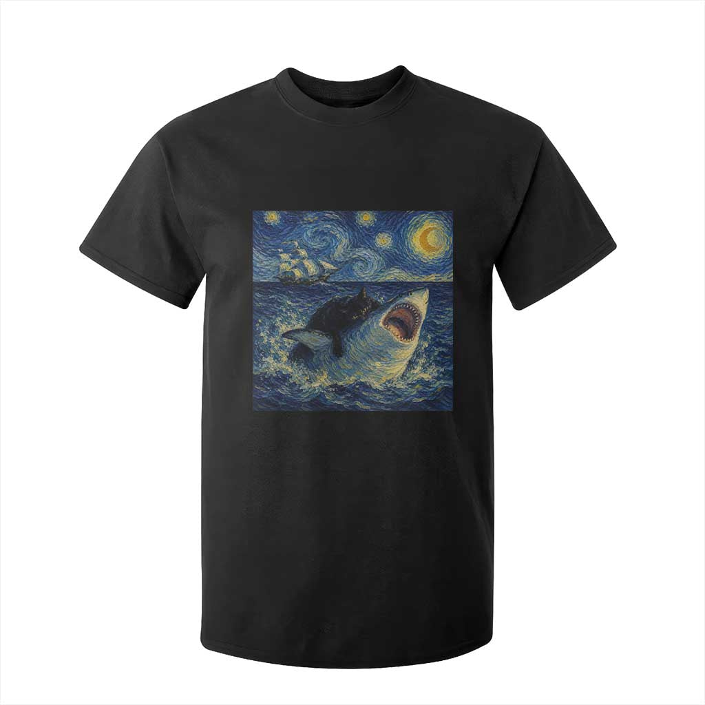 Funny Cat Biting Shark Starry Night Inspired Art T Shirt For Kid TS12 Black Print Your Wear
