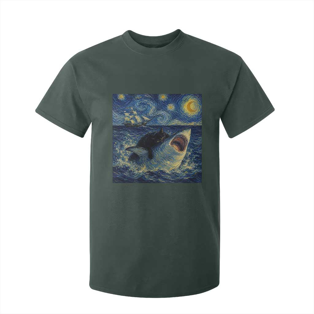 Funny Cat Biting Shark Starry Night Inspired Art T Shirt For Kid TS12 Dark Forest Green Print Your Wear
