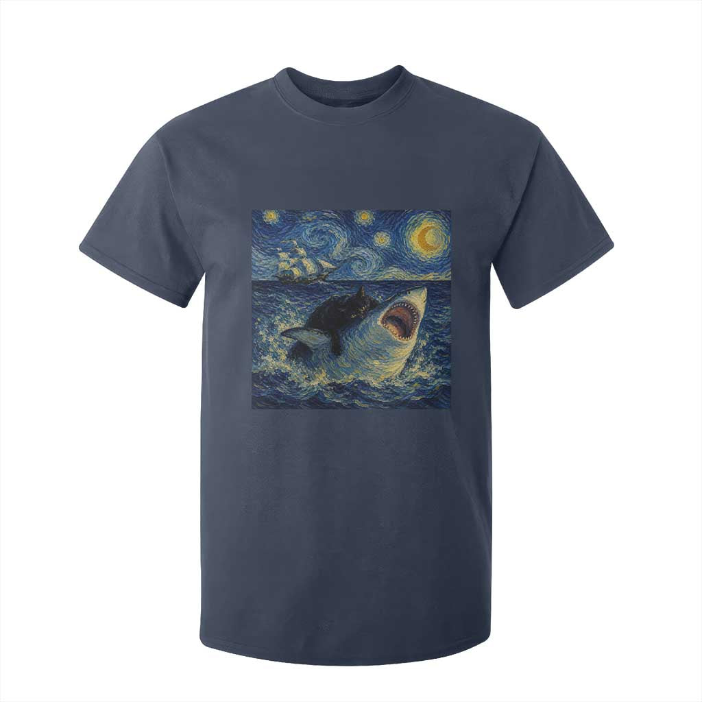 Funny Cat Biting Shark Starry Night Inspired Art T Shirt For Kid TS12 Navy Print Your Wear