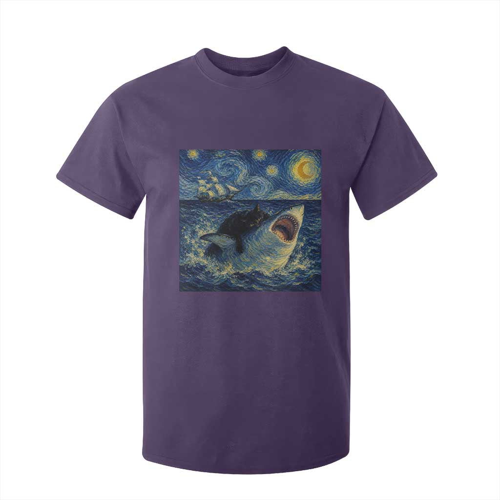 Funny Cat Biting Shark Starry Night Inspired Art T Shirt For Kid TS12 Purple Print Your Wear